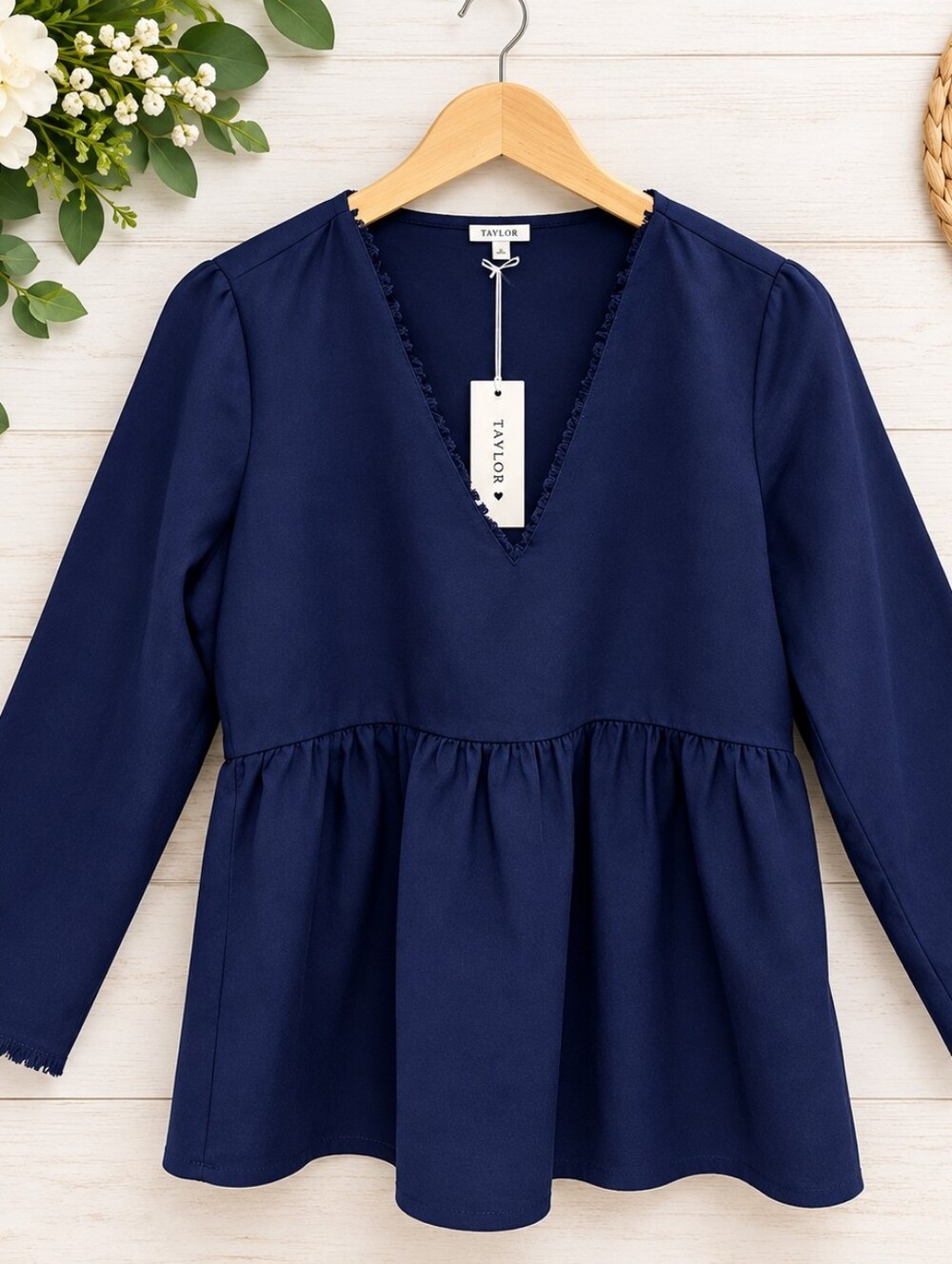 Tavik Navy Blue Long Sleeve Peplum Top V-Neck Blouse Cottagecore Size Medium